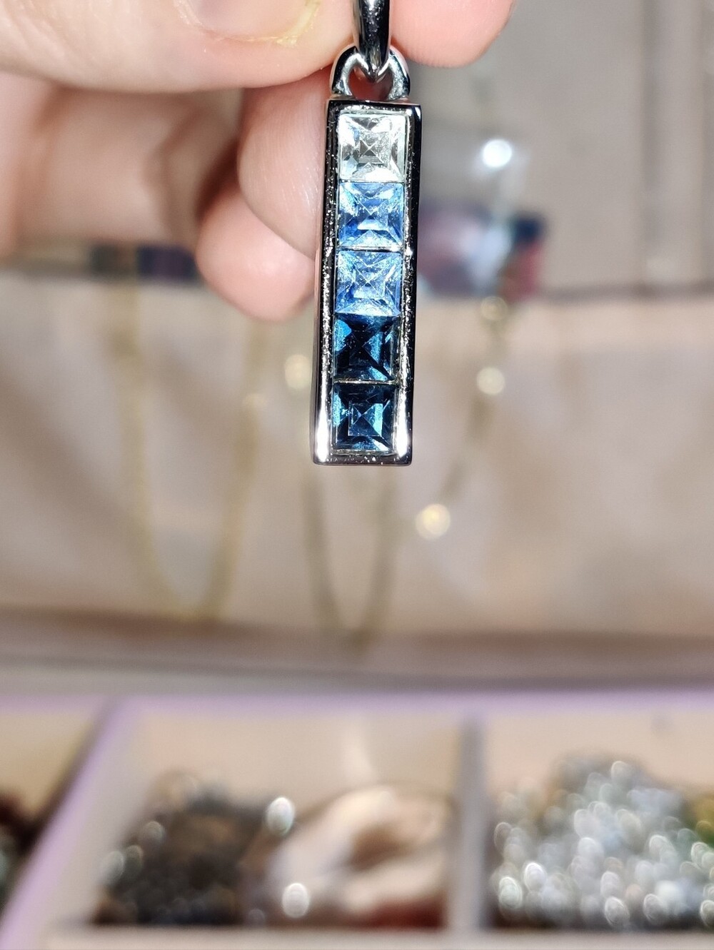 Silver Bar Pendant with Blue and Clear Stones - Women Jewelry